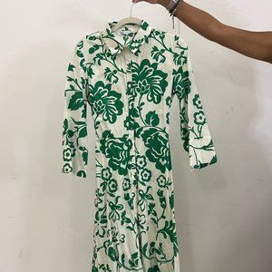 Zara Floral Printed Poplin Green Maxi Dress Size M